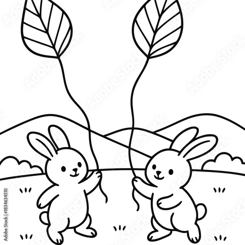 Bunnies and Leaf Balloons: Adorable bunnies frolic in a playful landscape, holding whimsical leaf balloons, adding a touch of enchantment and merriment to the scene.