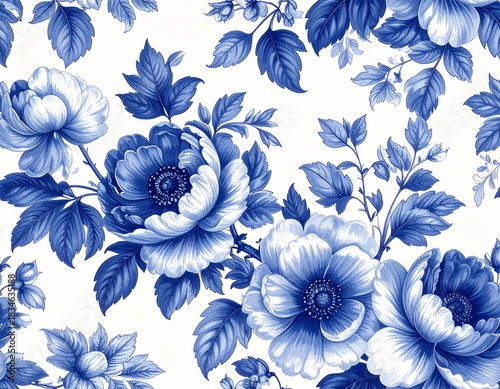 クラシックな青い花柄パターン（トワル・ド・ジュイ風） / Classic Blue Floral Pattern (Toile de Jouy Style)	