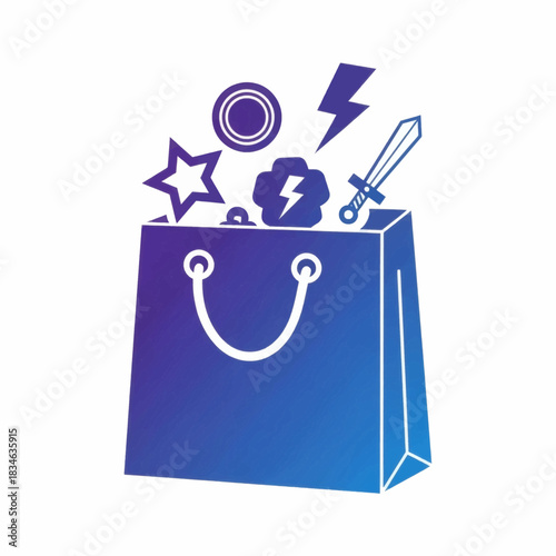 Gradient vector icon showing a gamer's shopping bag with virtual items, rewards, and fantasy loot