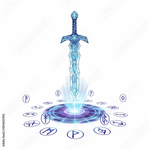 Magical sword emerging from a glowing platform surrounded by ancient runes for fantasy game art