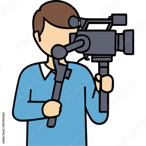 Cartoon Man Operating Professional Video Camera on Tripod in Blue Sweater and White Shirt Holding Equipment in Front of Face Close Up View Flat Design Style