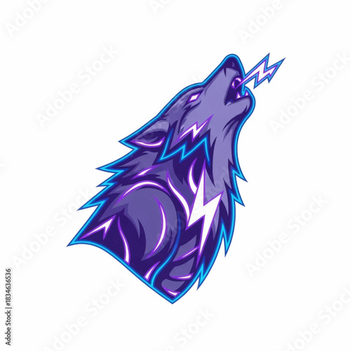 Fierce howling wolf head mascot with purple lightning strike illustration for esports team logo design