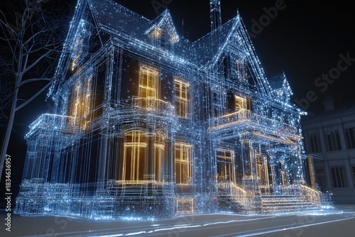 3D Visualization of Historic House with Neon Wireframe Effect
