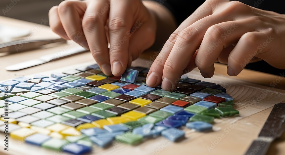 Fototapeta premium Artistic hands creating vibrant mosaic with colorful glass squares