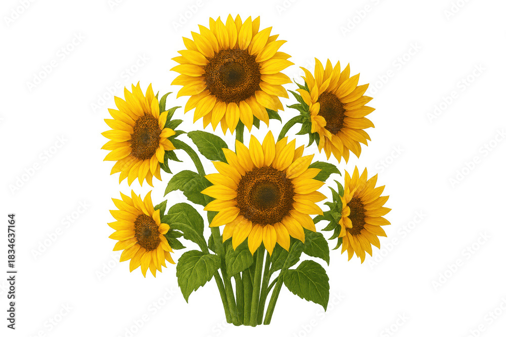 Obraz premium Sunflower bouquet with green leaves on transparent background symbolizing summer, nature, and harvest season