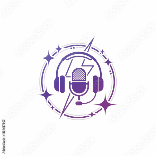 Digital illustration of a music and broadcast emblem with a mic, headset, and a powerful lightning bolt