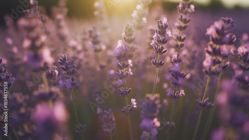 Aromatic lavender field basking in the warm glow of a beautiful summer sunset with a soft focus background