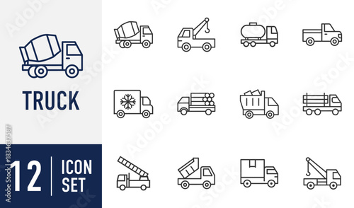 Trucks transportation vehicles collection line icon set. heavy duty commercial auto and cargo delivery vector symbols. Vector