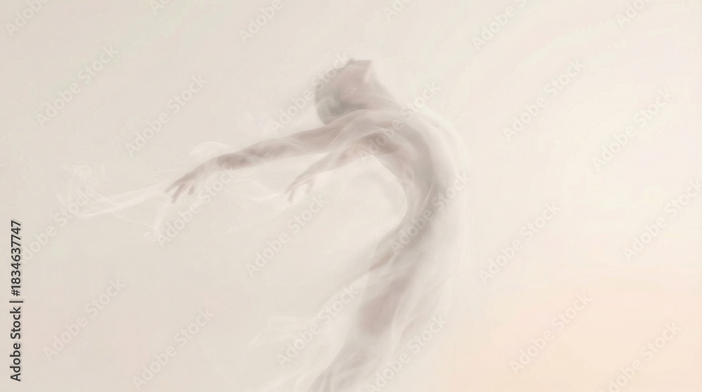 Fototapeta premium Woman dancing with flowing fabric on a light background. Graceful movement concept. Spiritual expression and abstract art for dancer.
