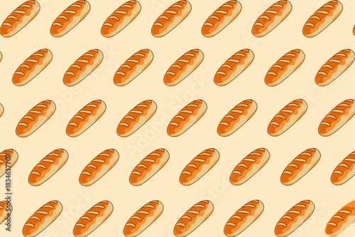 Seamless pattern of cartoon baguettes on white background for wrapping, packaging, wallpaper, and fabric print; vector illustration of fresh French bread, pastry, bakery food texture.