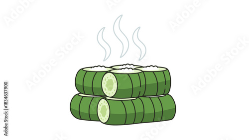 Steaming Rice Rolls Wrapped in Green Leaves Vector Illustration sweet dessert indonesian food putu bambu traditional