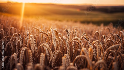 Fototapeta Naklejka Na Ścianę i Meble -  Golden wheat field at sunset with warm sunlight and ripe harvest crop

