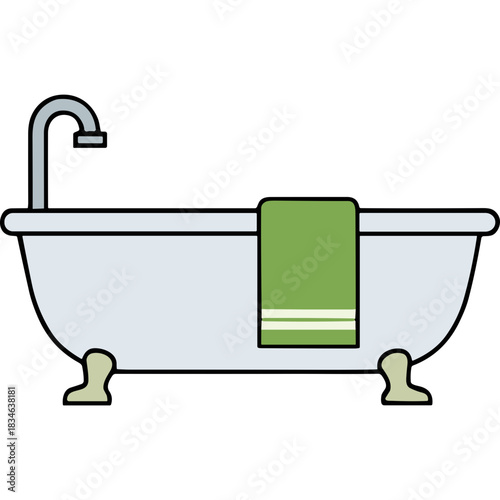 Classic Clawfoot Bathtub With A Green Towel Hanging On The Side In A Simple Flat Design With A Black Background