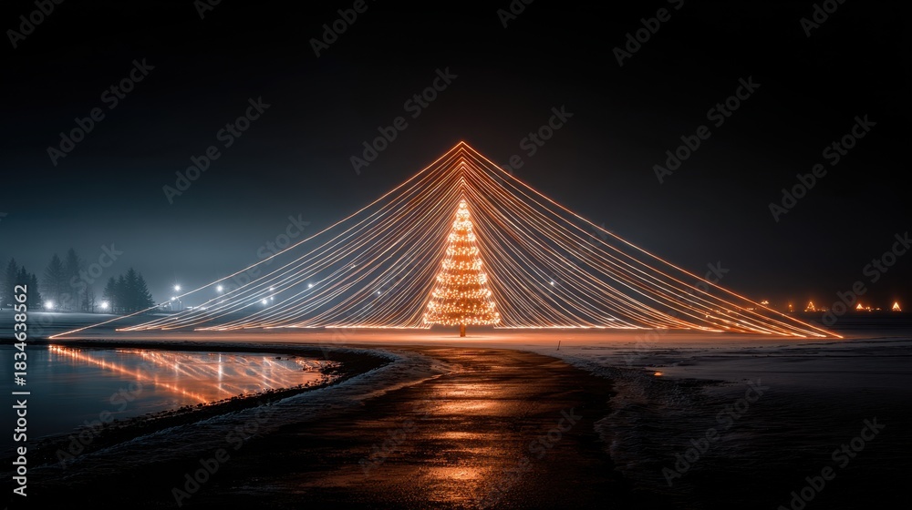 Obraz premium Stunning Christmas Tree Lights Reflecting on Calm Water at Night