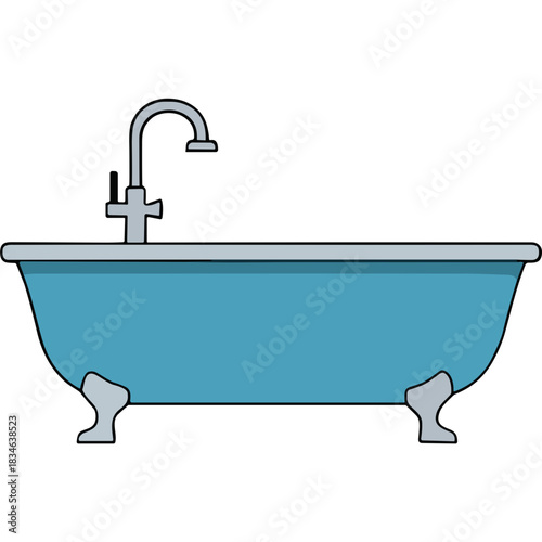 Classic Blue Bathtub with Silver Faucet and Claw Feet on a Transparent Background Simple Illustration.