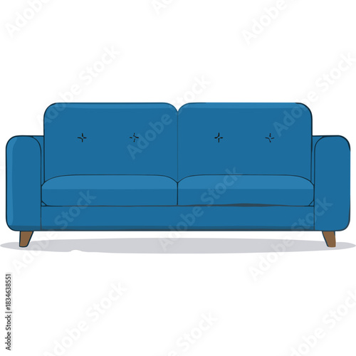 Classic Blue Two-Seater Sofa with Button Tufting and Tapered Wooden Legs on a White Background Studio Shot