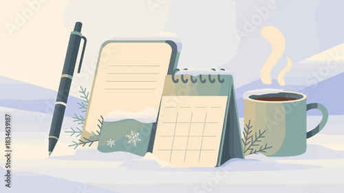 A cozy winter scene featuring a pen, notepad, calendar, and a steaming mug.
