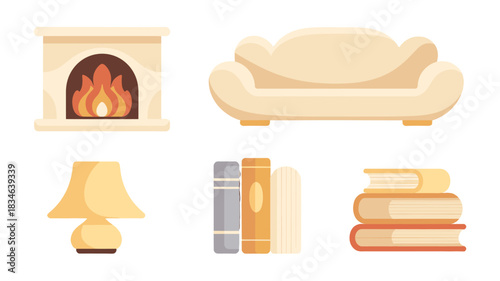 Cozy Home Decor Elements: Fireplace, Couch, Lamp, Books.