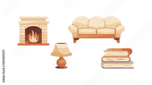 Cozy living room interior elements: Fireplace, sofa, lamp and books.