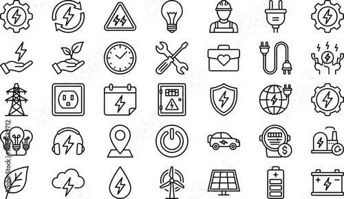 Electric energy power icons set with renewable electricity symbols, eco energy equipment, electrical safety, green technology and utility engineering elements