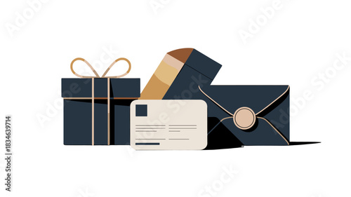 A stylized illustration of gift box, envelopes, and a card.
