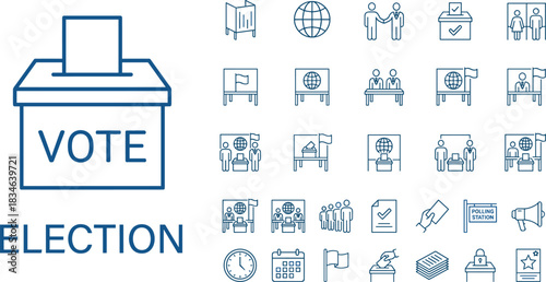 Election voting icons with ballot box, polling station, campaign symbols, voters, documents, democracy concept, political process illustration set