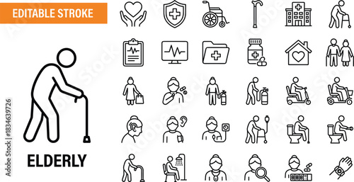 Elderly care icon set with medical assistance, senior health support, disability mobility symbols, healthcare equipment and aging lifestyle illustrations for professional use