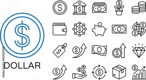 Dollar money line icons collection featuring finance, banking, savings, investment, currency growth, global economy and business symbols in modern outline style