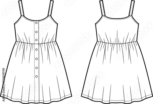 Front and back view fashion flat sketch of a sleeveless button-front sundress with gathered waist131 characters Keywords: fashion