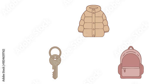 Minimalist illustration of essential items: jacket, key, and backpack.