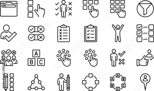 Decision making checklist selection workflow user choice management icons set with outline design for business interface process and productivity