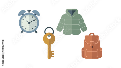 Collection of everyday objects, including clock, jacket, key, and backpack.