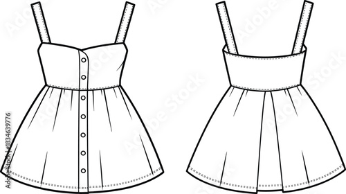 Front and back view fashion flat sketch of a sleeveless button-front mini dress with flared skirt131 characters Keywords: fashion