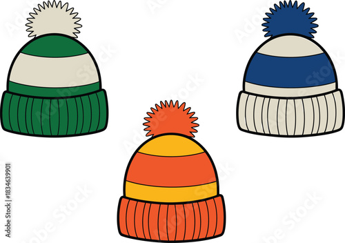Three colorful knitted bobble hats with striped patterns on white background pom hat winter hat