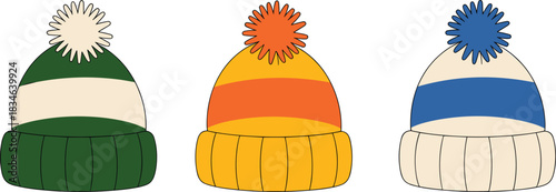 Three Colorful Winter Beanies with Pom Poms on White Background winter hat knitted hat