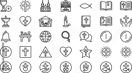 Christian faith icons collection featuring cross symbols, church elements, bible illustrations, worship signs, religious spirituality graphics, holy Christianity design set