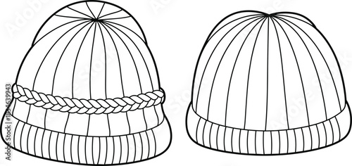 Two Outline Knit Beanies One With Rope Detail Front and Back Views winter cold