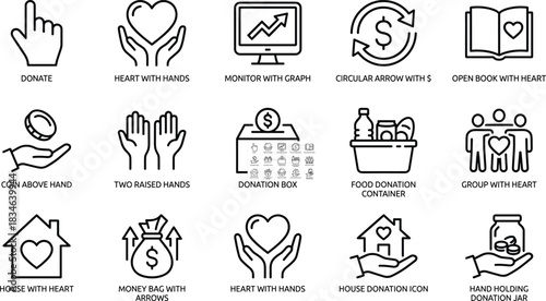 Charity donation outline icons set featuring hands, hearts, money, food support, community care, fundraising symbols, and humanitarian assistance illustrations