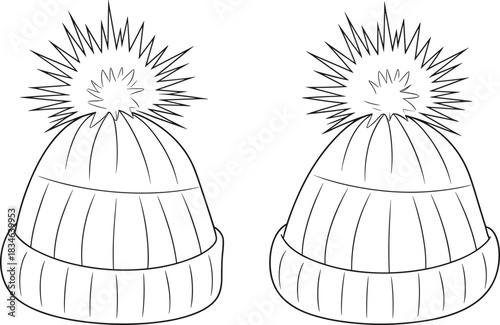 Two outline drawings of knitted bobble hats with large pom poms pom hat winter hat