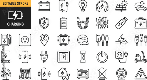 Charging and power supply icon set with electricity symbols, battery energy illustrations, cable connection graphics, renewable power and device charging elements