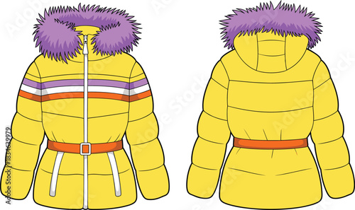 Yellow Puffer Jacket With Fur Trimmed Hood Front and Back Views winter coat