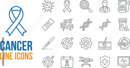 Cancer awareness medical line icons set, oncology treatment symbols, diagnostic healthcare illustration, ribbon support graphics, hospital equipment and disease prevention vector