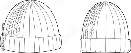 Two Outline Knit Beanies With Braided Detail Front and Back Views winter cold