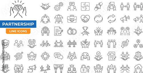 Business workplace and office management line icons showing workflow, teamwork, planning, remote work, productivity, job search, employee tasks, communication, and organization