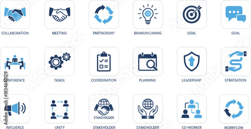 Business collaboration and teamwork icons set illustrating communication, planning, leadership, partnership, workflow, strategy, meeting, coordination, and stakeholder management