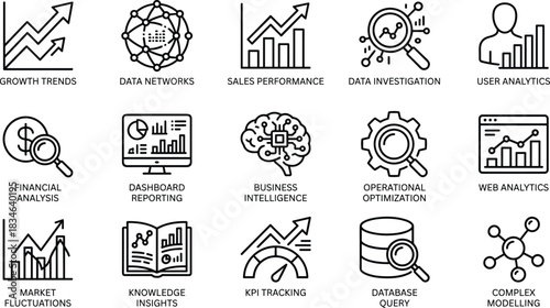 Business analytics line icon set featuring data analysis, KPI tracking, financial insights, dashboard reporting, market trends, intelligence and performance optimization visuals