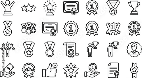 Award and achievement outline icon set featuring trophies, medals, certificates, stars, winner badges, celebration symbols, recognition elements, success graphics