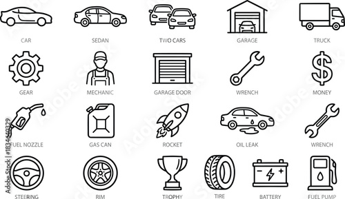 Automotive line icons collection featuring cars, mechanic tools, garage equipment, fuel symbols, repair elements, transportation service outline design set