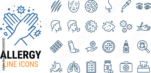 Allergy line icons collection showing symptoms, treatment, medical diagnosis, health care reactions, respiratory issues, skin irritation, prevention tools, medication symbols