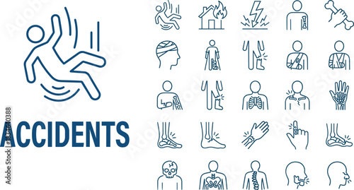 Accident injury icons set illustrating medical emergencies, fractures, sprains, burns, slips, falls, trauma symptoms, healthcare risks and safety awareness concepts